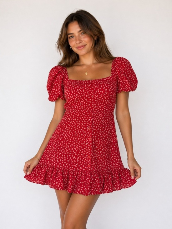 ASOS Dresses & Skirts - ASOS Red Floral Square-Neck Puff-Sleeve Mini Dress with Ruffle Hem